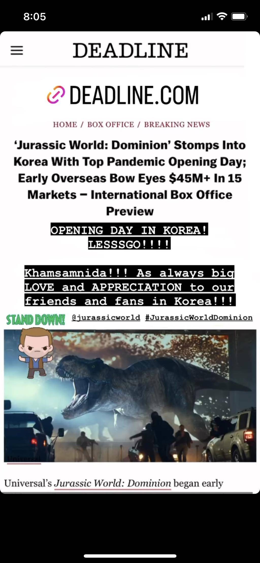 쥬라기월드 오프닝스코어 관련해서 한국어로 감사인사 하는 크리스 프랫 | 인스티즈