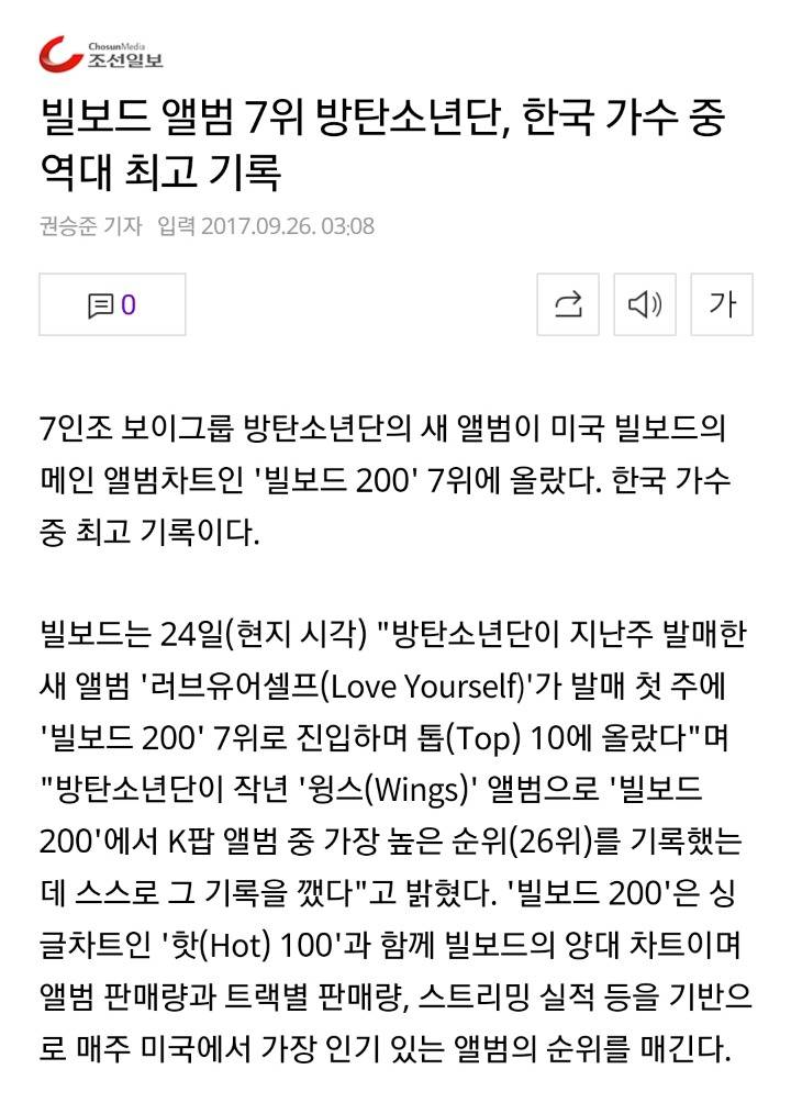 빌보드 앨범 7위 방탄소년단, 한국 가수 중 역대 최고 기록 | 인스티즈