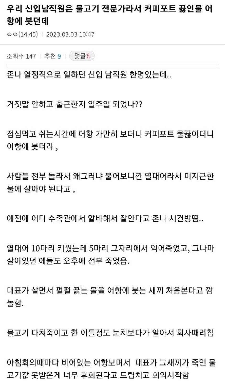 우리 신입남직원은 물고기 전문가라서 커피포트 끓인물 어항에 붓던데 | 인스티즈