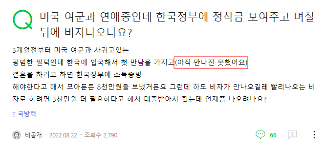 미국여군과 연애중인데 한국정부에 정착금 보내주고 며칠뒤에 비자나오나요? | 인스티즈