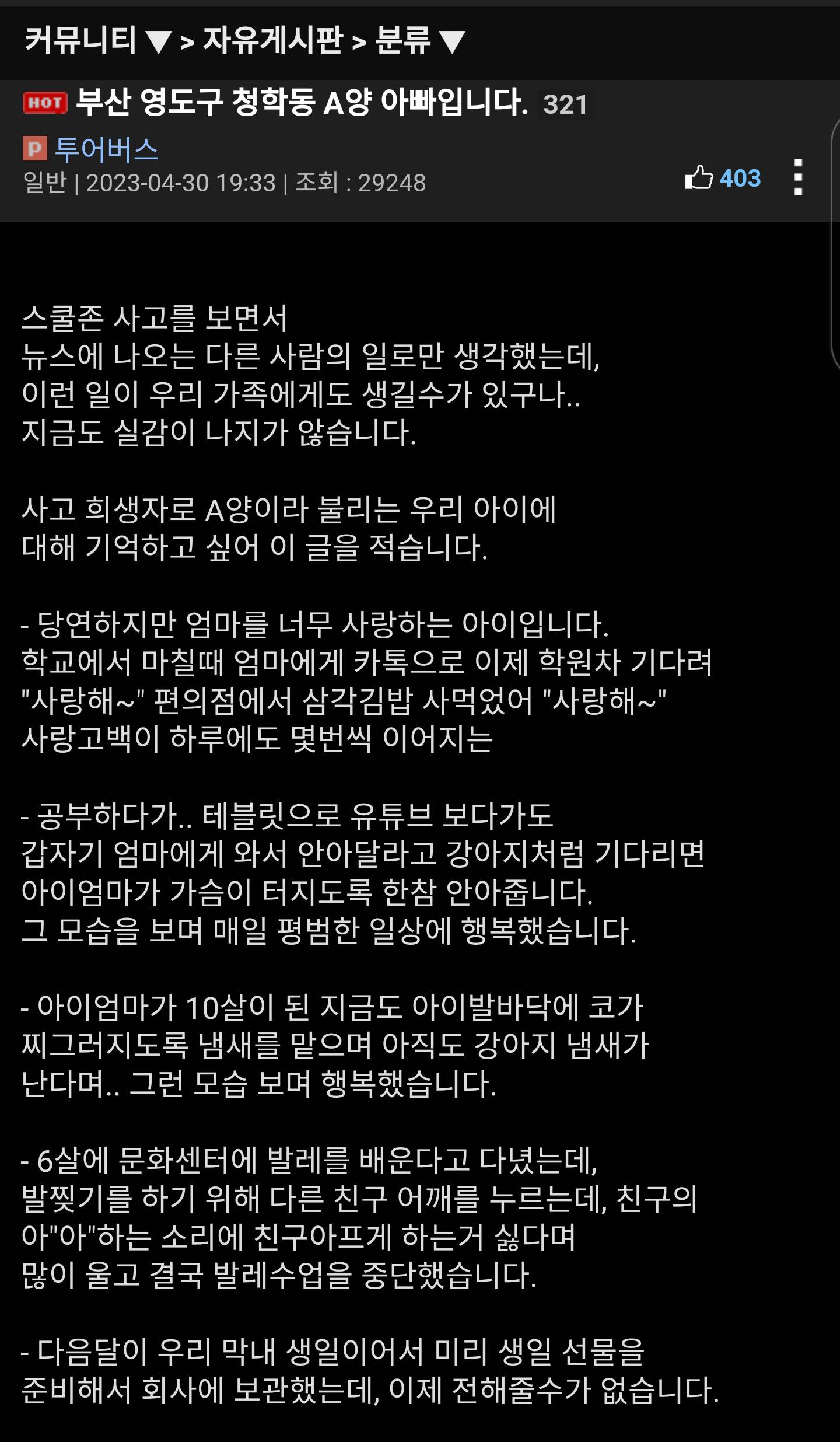 얼마전 스쿨존에서 사망한 초등학생 아버지가 인터넷에 남긴글 .JPG | 인스티즈