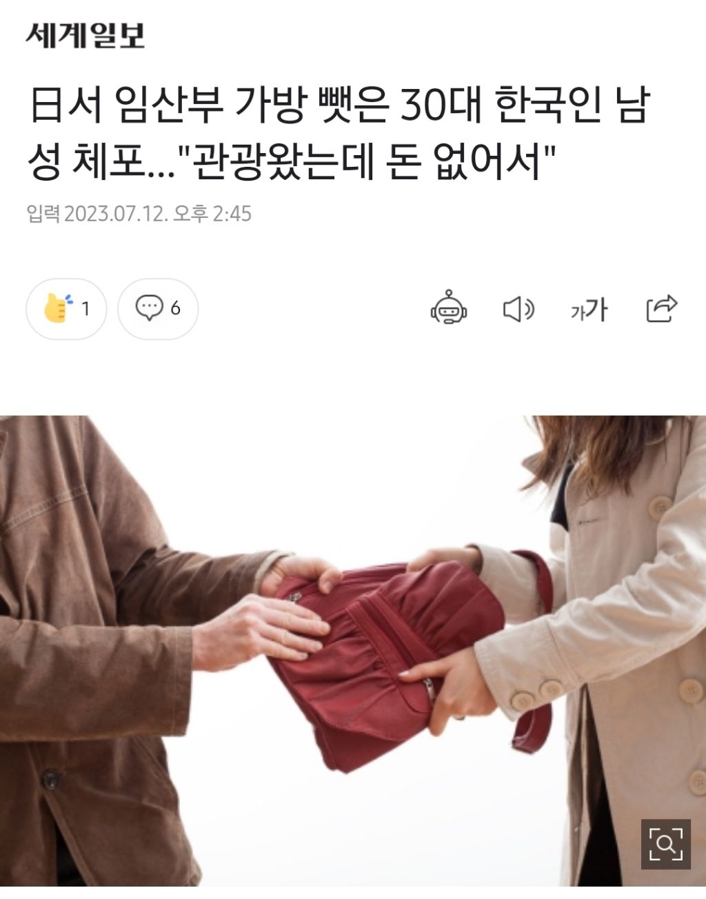 日서 임산부 가방 뺏은 30대 한국인 남성 체포…"관광왔는데 돈 없어서" | 인스티즈