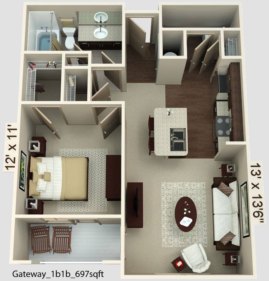혼자 살기 최적인 미국 방1개 화장실 1개아파트 평면도.jpg | 인스티즈