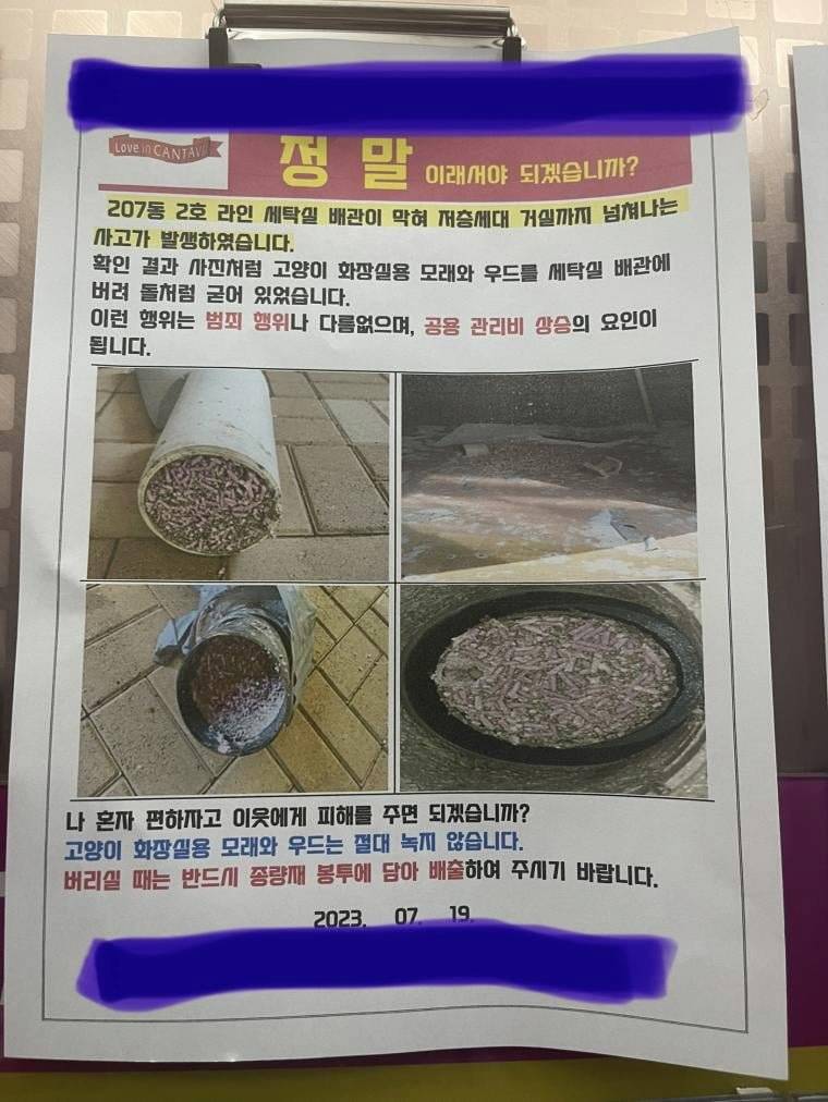 고양이 화장실 모래로 막힌 아파트 배관