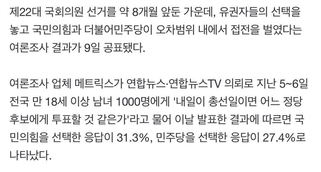 내일 총선이면 어느 당 투표?…국힘 31.3%, 민주 27.4% | 인스티즈