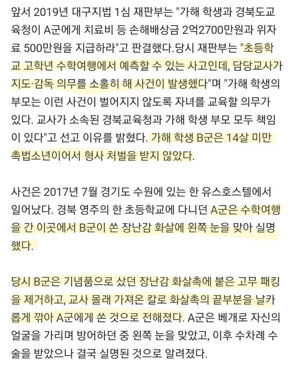 화살 쏴 친구 실명시킨 초등생…"교사도 책임, 2억3200만원 배상" | 인스티즈