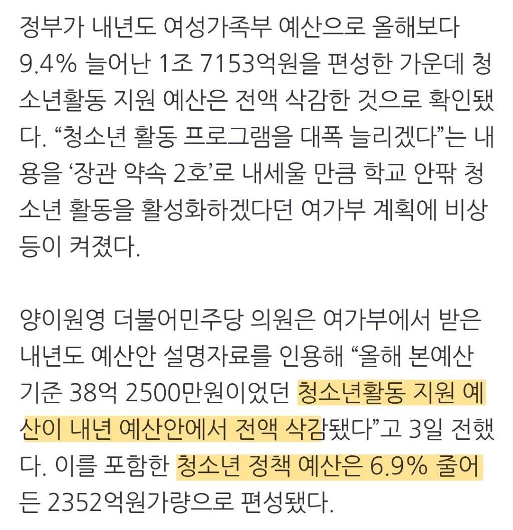 "청소년 활동 늘리겠다”던 여가부, 내년 예산 전액 삭감 | 인스티즈