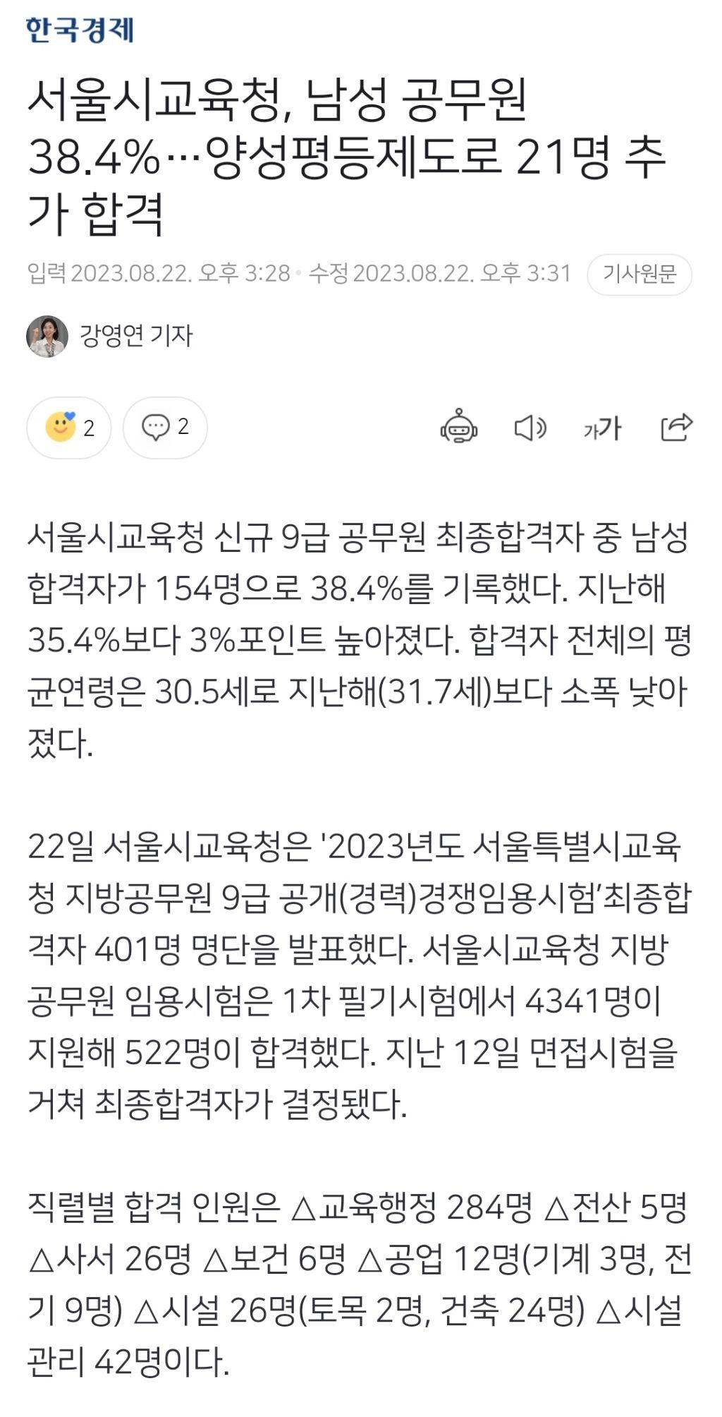 서울시교육청, 남성 공무원 38.4%…양성평등제도로 21명 추가 합격 | 인스티즈