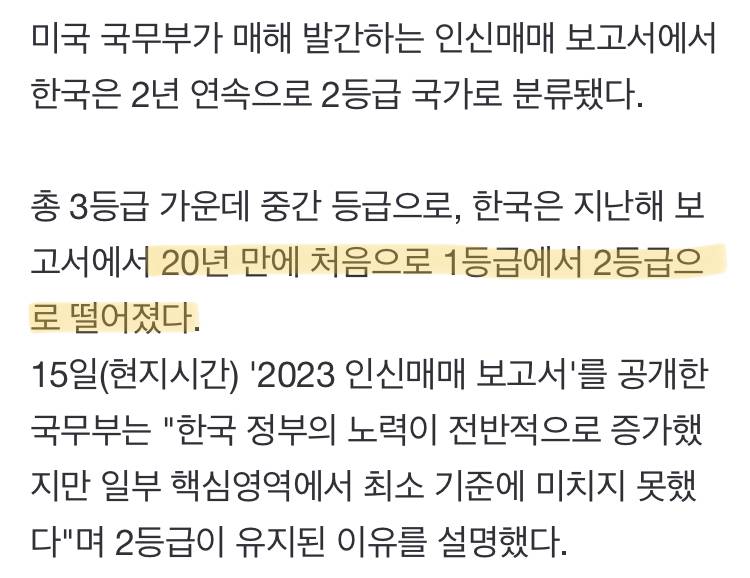 한국 2년 연속 인신매매 2등급국…미 국무부 "최소 기준 충족 못해" | 인스티즈