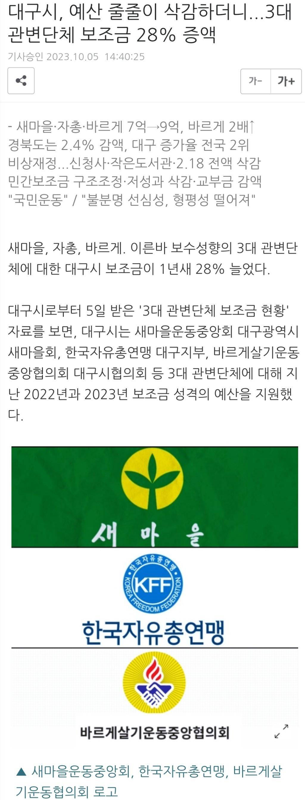 대구시, 예산 줄줄이 삭감하더니...3대 관변단체 보조금 28% 증액 | 인스티즈