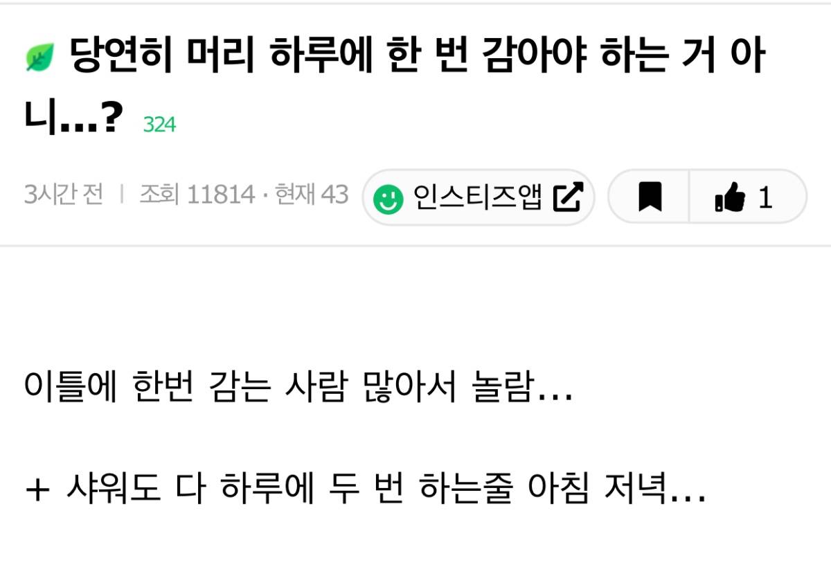 당연히 머리 하루에 한 번 감아야 하는 거 아니야...? | 인스티즈