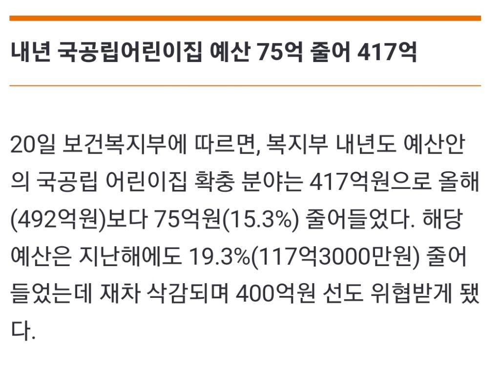 [단독] "저출산 책임진다” 큰소리 친 정부…어린이집 예산 15% '칼질' | 인스티즈