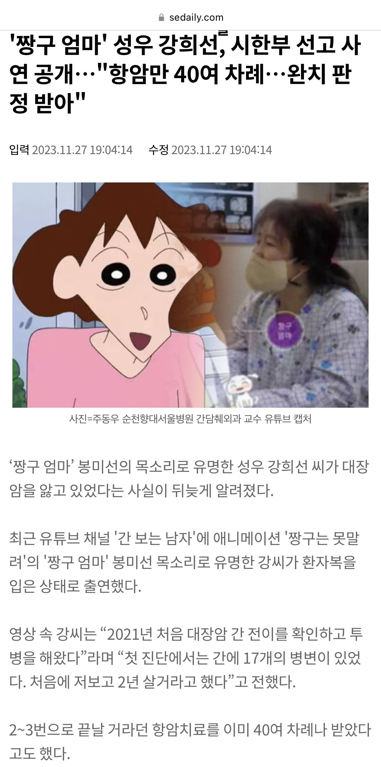 '짱구 엄마' 성우 강희선, 시한부 선고, 항암만 40여 차례…완치 판정 받아" | 인스티즈