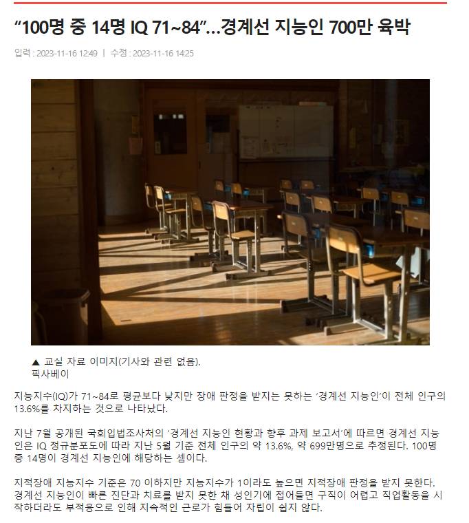 대한민국 "경계선 지능장애인 700만명" | 인스티즈