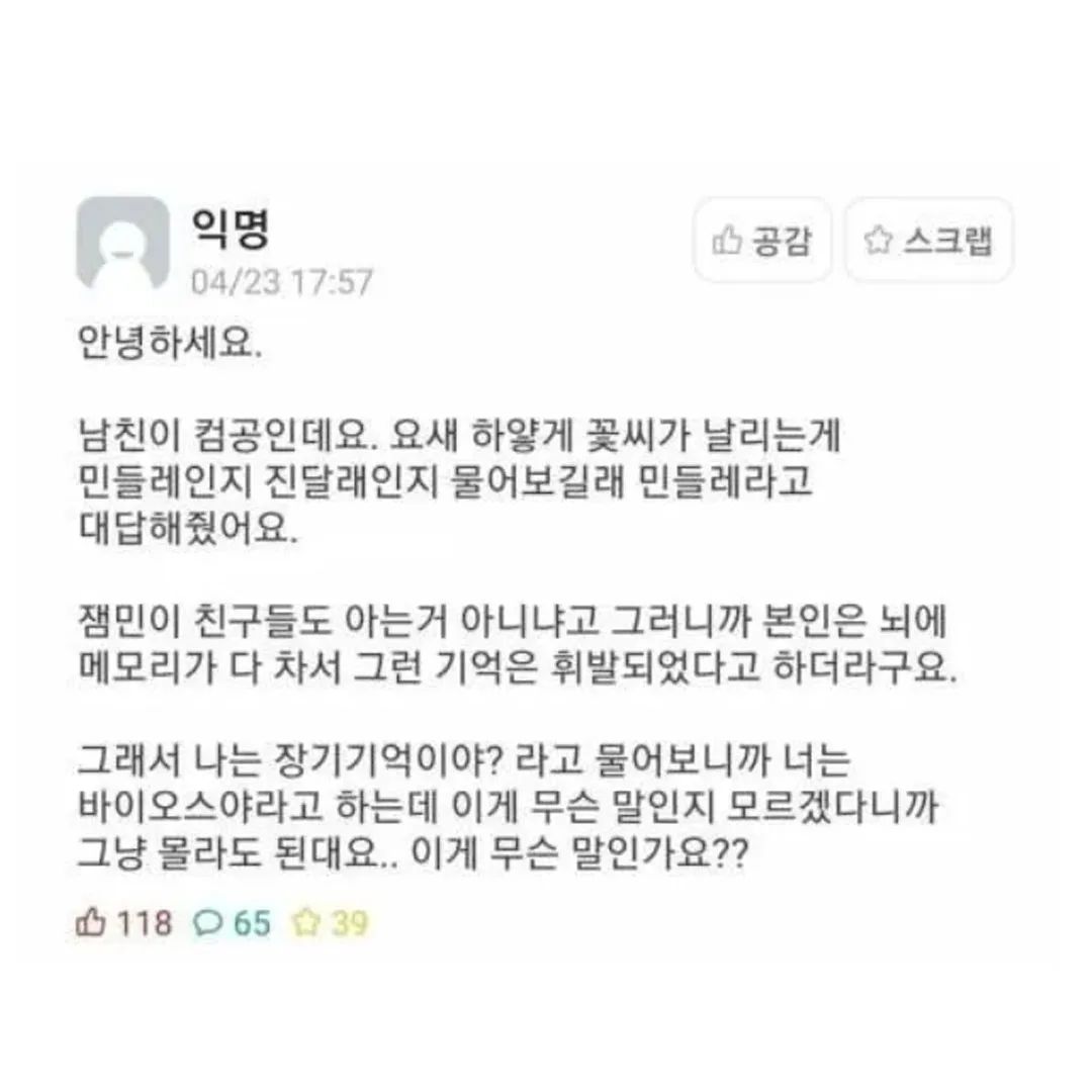 메모리가 다 차서 민들레 진달래 구분 못하는 컴공남친 | 인스티즈