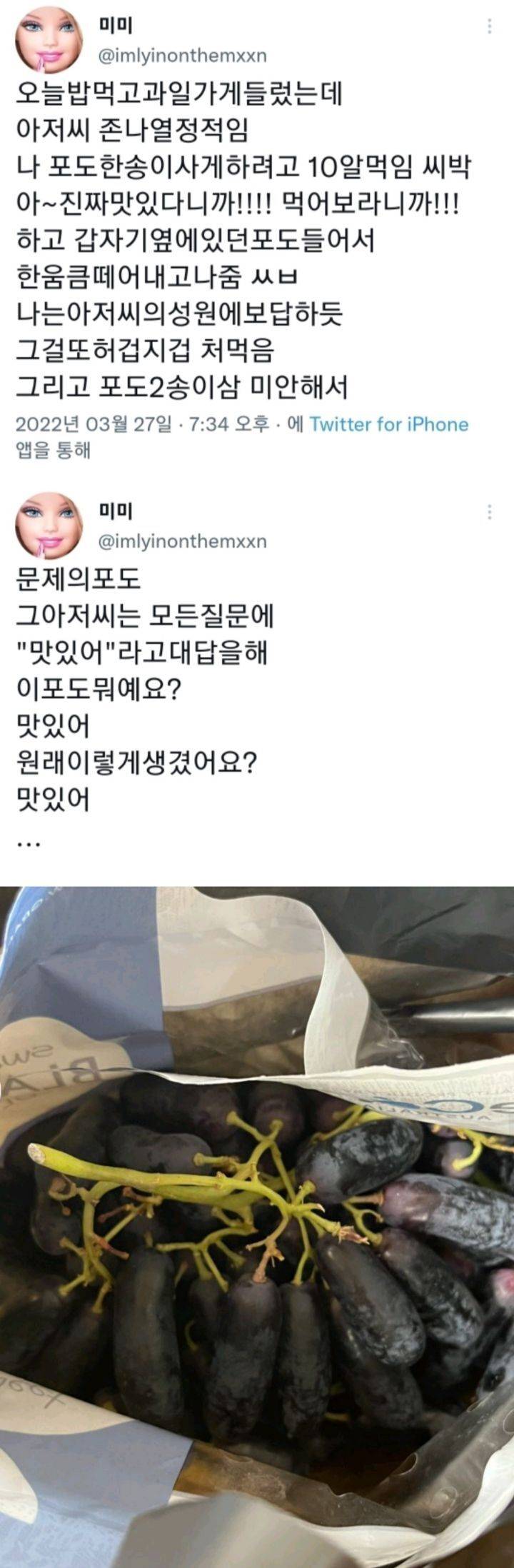 오늘밥먹고 과일가게 들렀는데 아저씨가 나 포도한송이 사게하려고 10알먹임 | 인스티즈