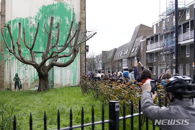 죽어가는 나무 뒤 건물에 '나뭇잎 벽화' 그린 뱅크시 | 인스티즈