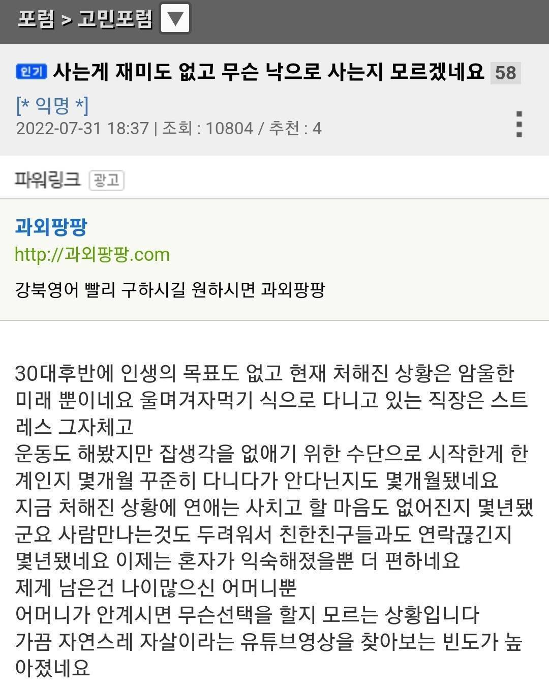 사는게 재미도 없고 무슨 낙으로 사는지 모르겠네요 | 인스티즈