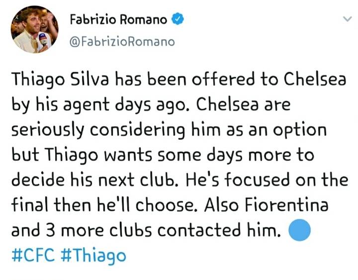 [파브리지오로마노] 티아고 실바는 자신의 에이전트로 부터 첼시에 제안됨. 첼시는 그를 진지하게 고려 | 인스티즈