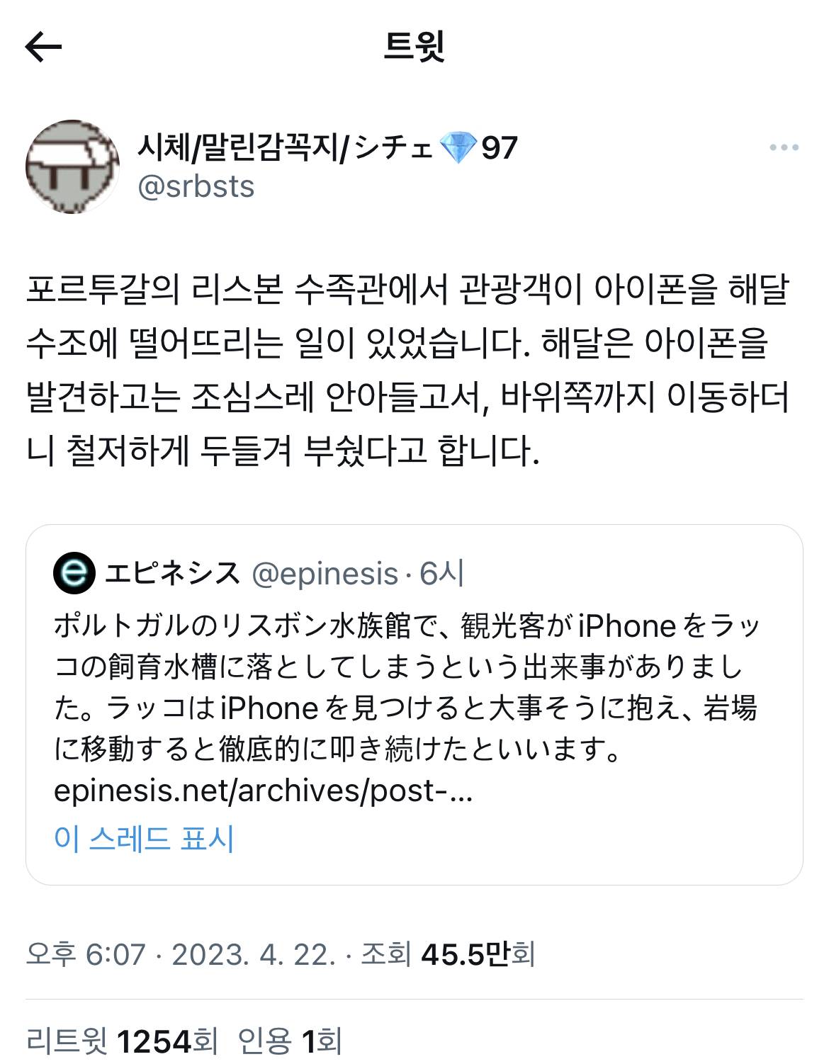 수조에 핸드폰을 떨어뜨리자 해달이 조심스레 안아들고는 ..twt | 인스티즈