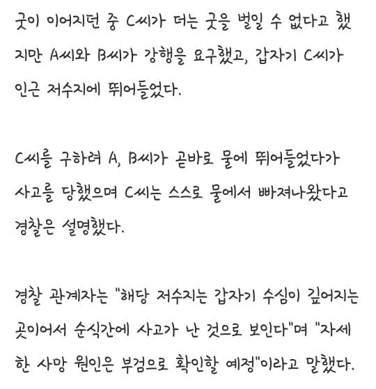 천도재 지내다 저수지 빠진 무속인 구하려던 남녀 2명 숨져(종합) | 인스티즈