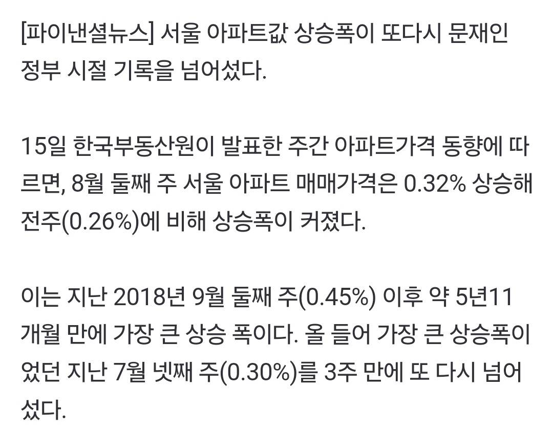 서울아파트 상승폭, 문재인 시절 또 넘었다 '매매가 21주 연속, 전세 65주 연속 상승' | 인스티즈