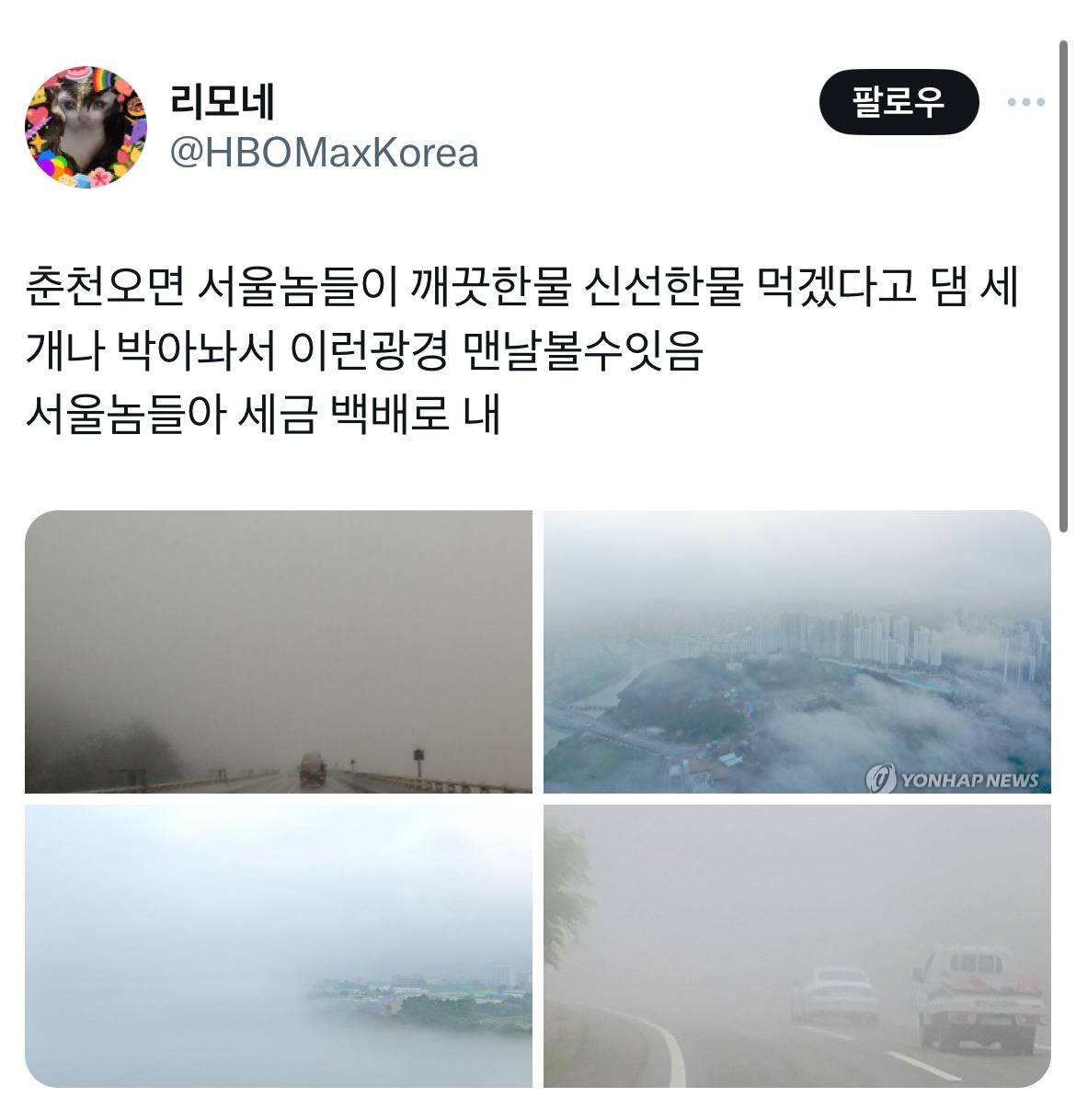 춘천오면 서울놈들이 깨끗한물 신선한물 먹겠다고 댐 세개나 박아놔서 이런광경 맨날볼수잇음.twt | 인스티즈