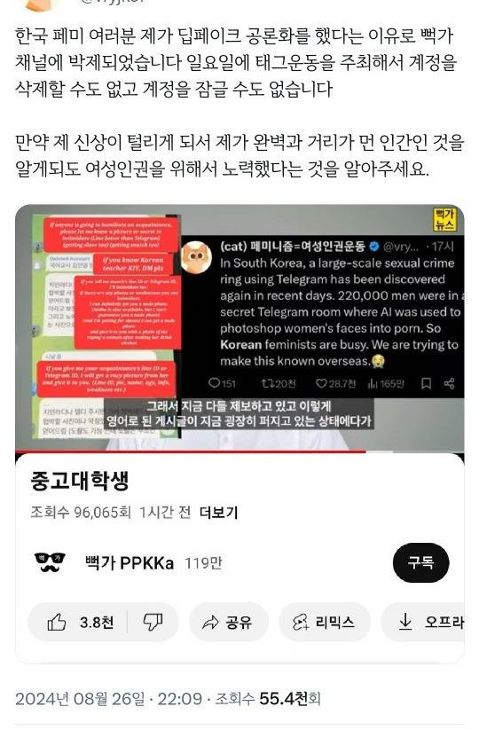 딥페이크 공론화한 분 뻑까 채널에 박제 당함 | 인스티즈