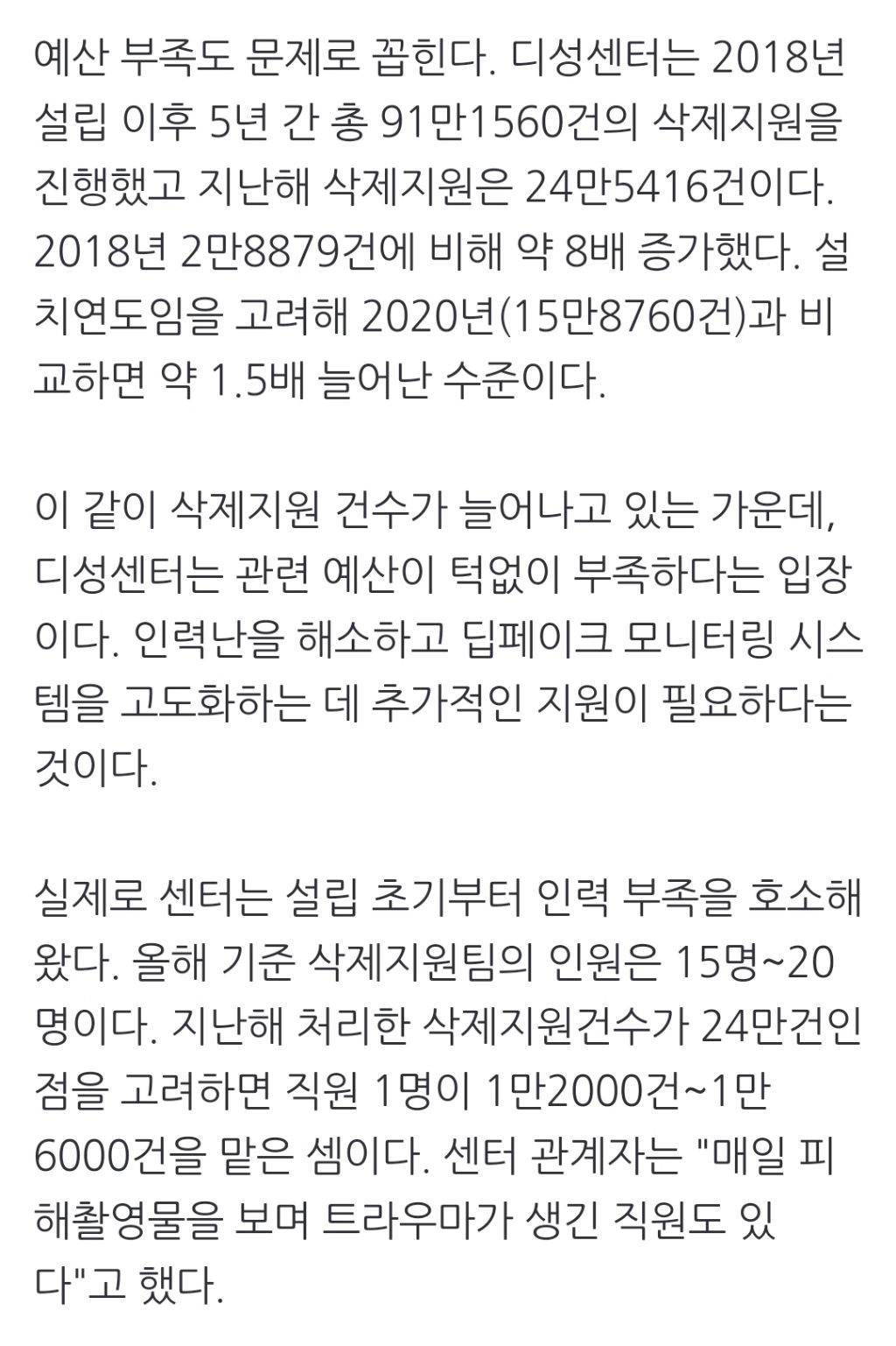 '딥페이크 삭제' 디성센터 "1명이 1만6천건 작업"…예산·인력 심각 | 인스티즈