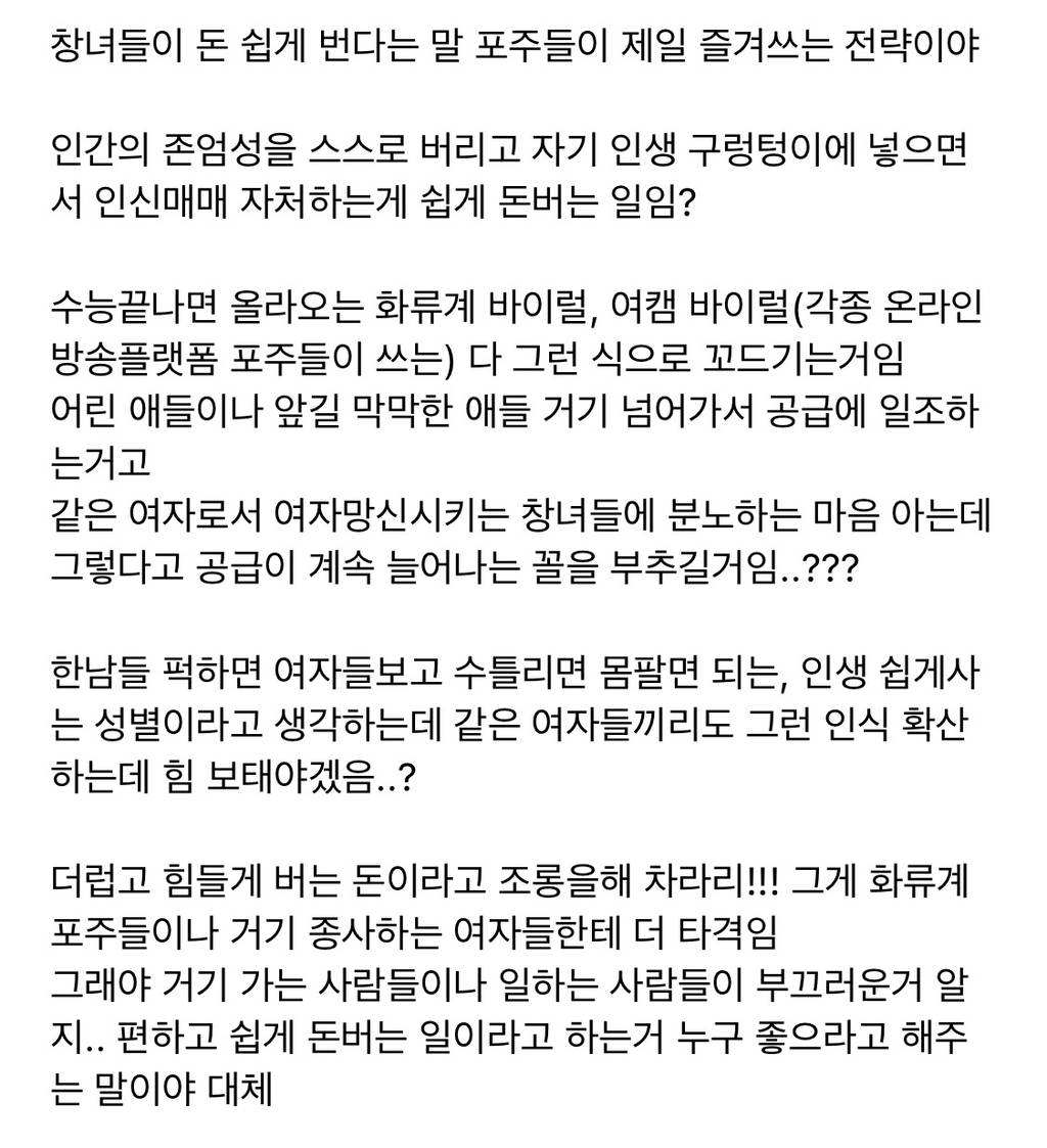 여캠한테 돈 쉽게 번다고 욕 안했으면 좋겠다 | 인스티즈