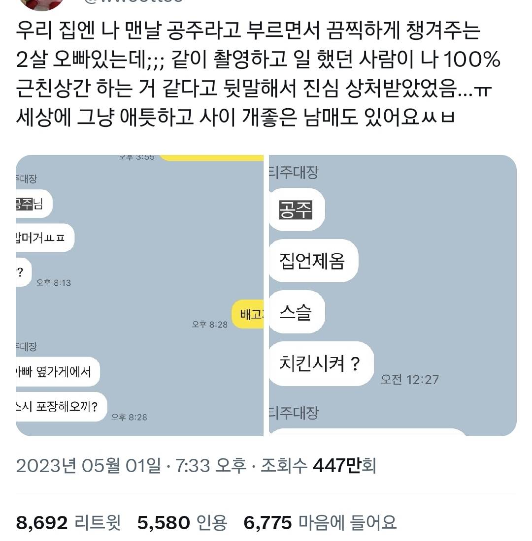 오빠랑 백퍼 근친이라고 뒷말들어서 상처받았음.twt | 인스티즈