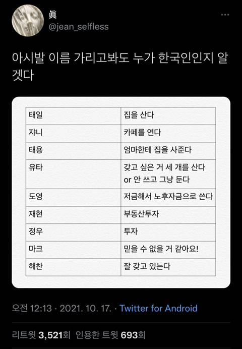 아 이름 가리고봐도 누가 한국인인지 알겠다.twt | 인스티즈