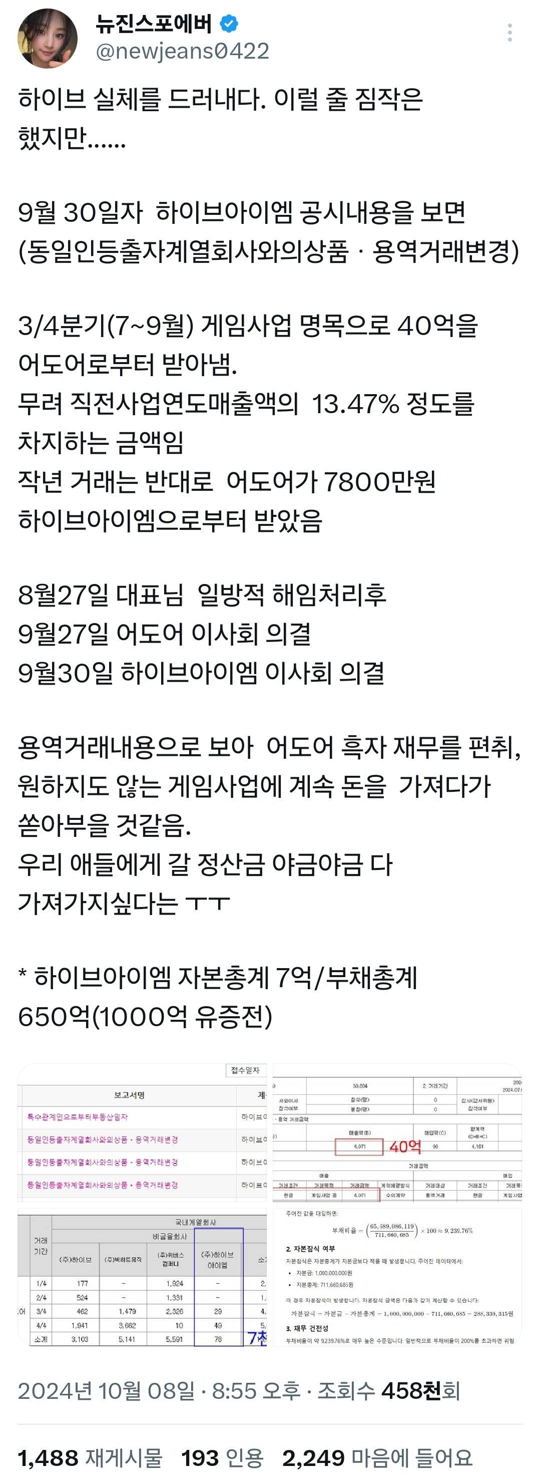 민희진 일방적 해임 후 게임 사업 명목으로 어도어에게 40억 받아낸 하이브 | 인스티즈