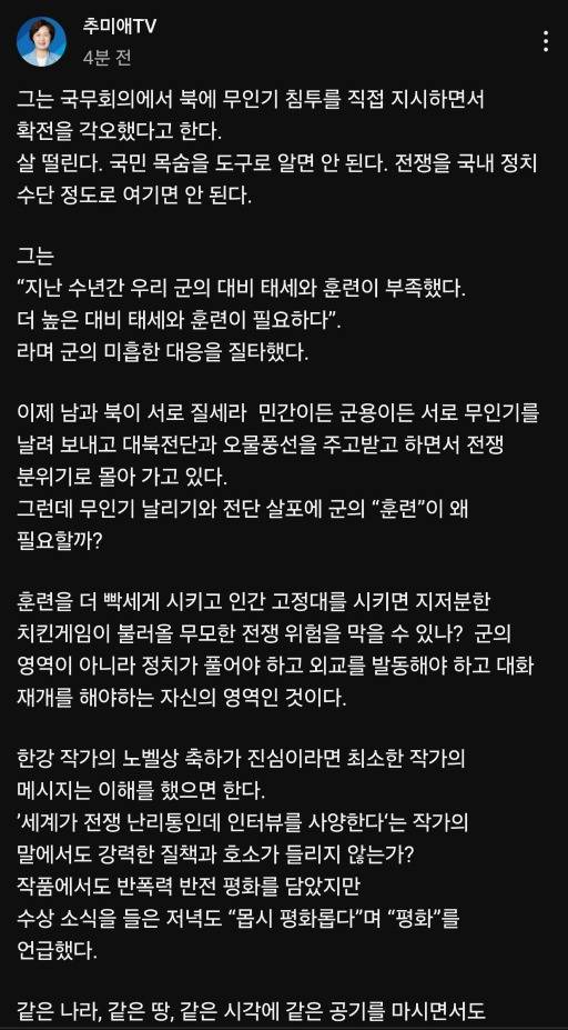 추미애 "정부 스스로가 전쟁 분위기 몰아가고 있어"무인기 | 인스티즈