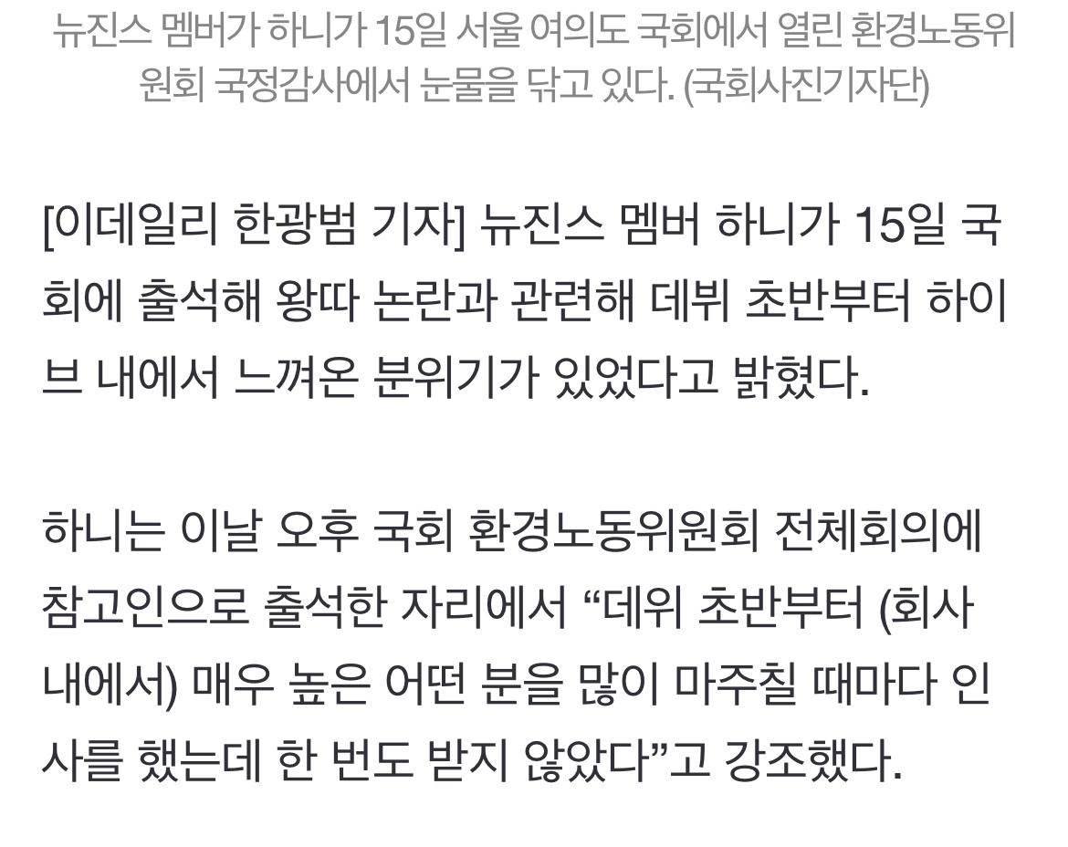 국회 나온 하니 "데뷔초부터 어떤 높은분, 인사 계속 안받아"[2024국감] | 인스티즈