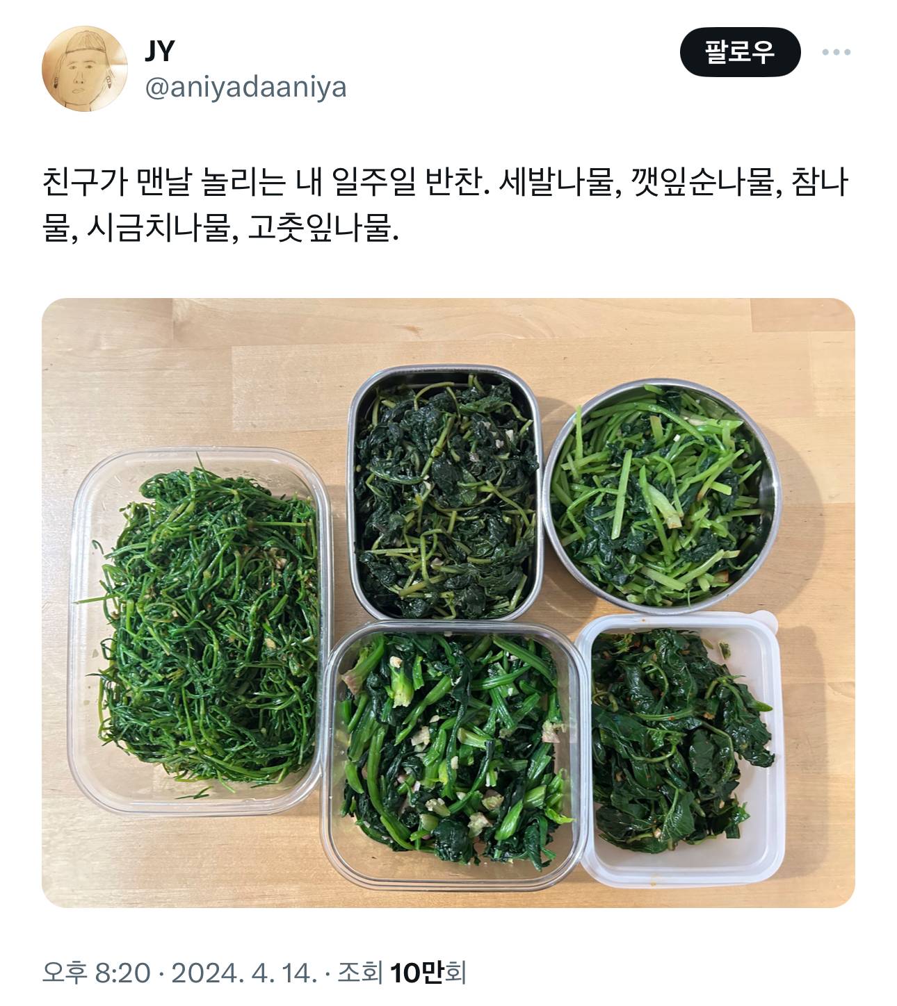 친구가 맨날 놀리는 내 일주일 반찬. 세발나물, 깻잎순나물, 참나물, 시금치나물, 고춧잎나물 | 인스티즈