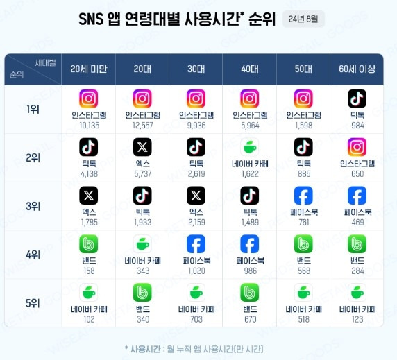 연령대별 SNS 앱 사용자, 사용시간 순위 | 인스티즈