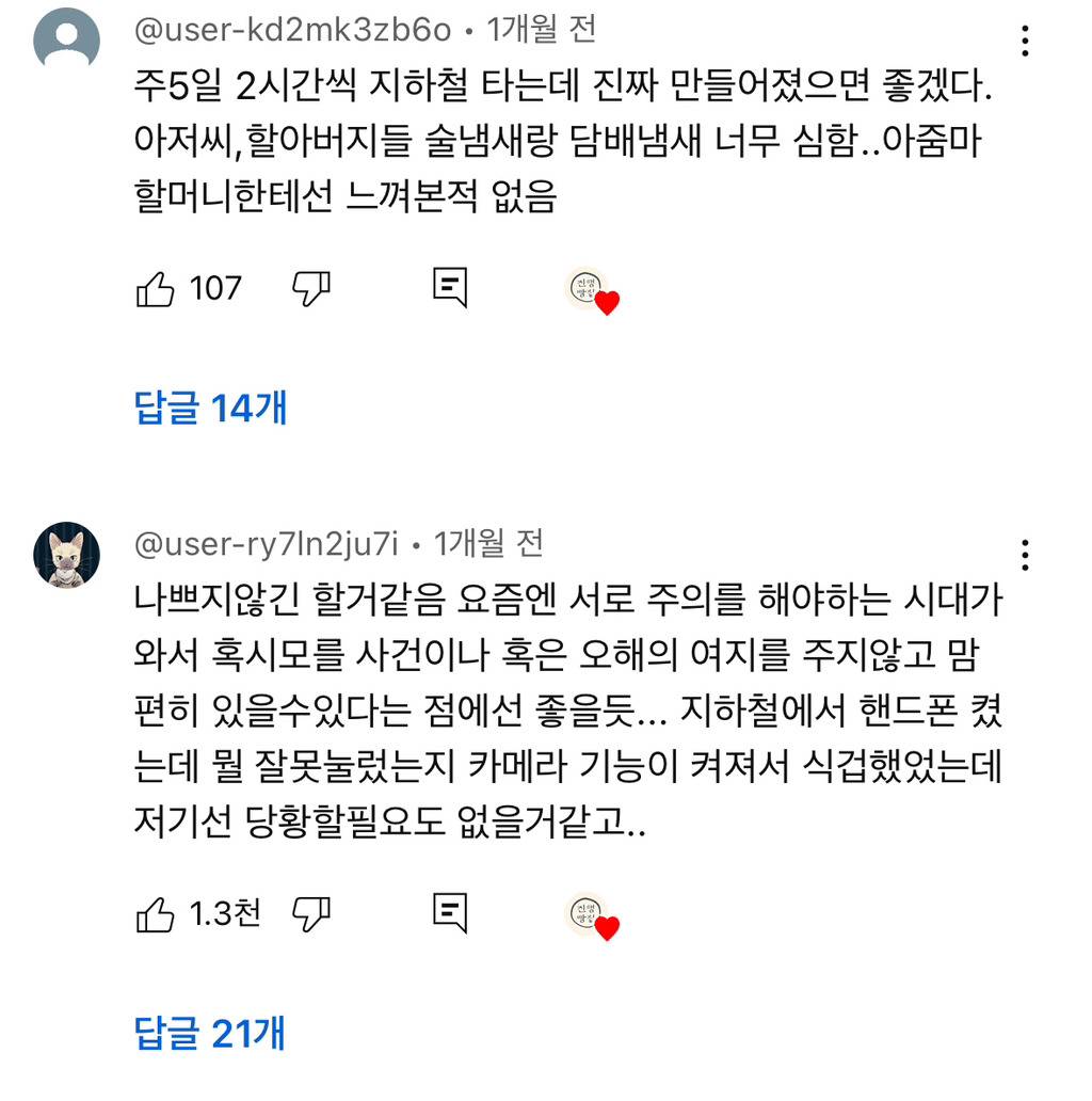 남성전용 지하철칸 영상 댓글 2천개 넘음 | 인스티즈