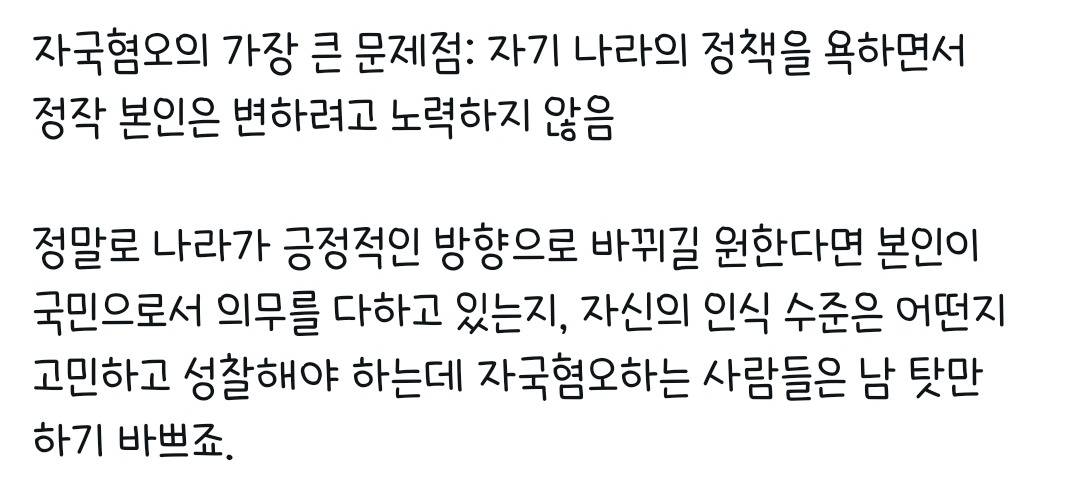 자국혐오의 가장 큰 문제점: 자기 나라의 정책을 욕하면서 정작 본인은 변하려고 노력하지 않음 | 인스티즈