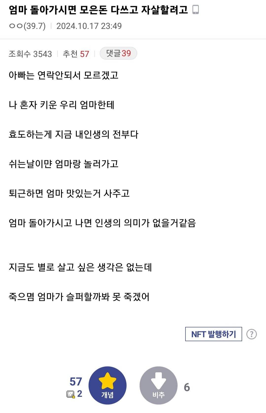 엄마 돌아가시면 돈 다쓰고 자살하겠다는 디시인 | 인스티즈