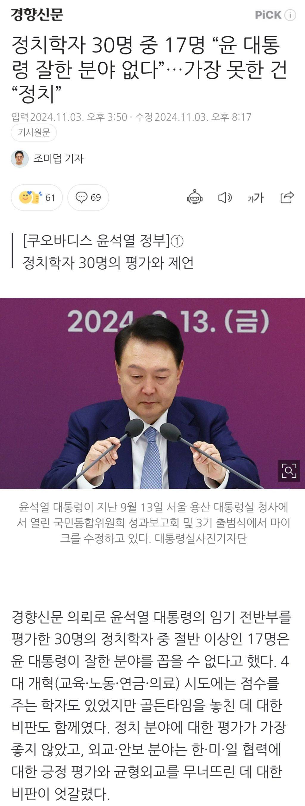 정치학자 30명 중 17명 "윤 대통령 잘한 분야 없다”…가장 못한 건 "정치” | 인스티즈