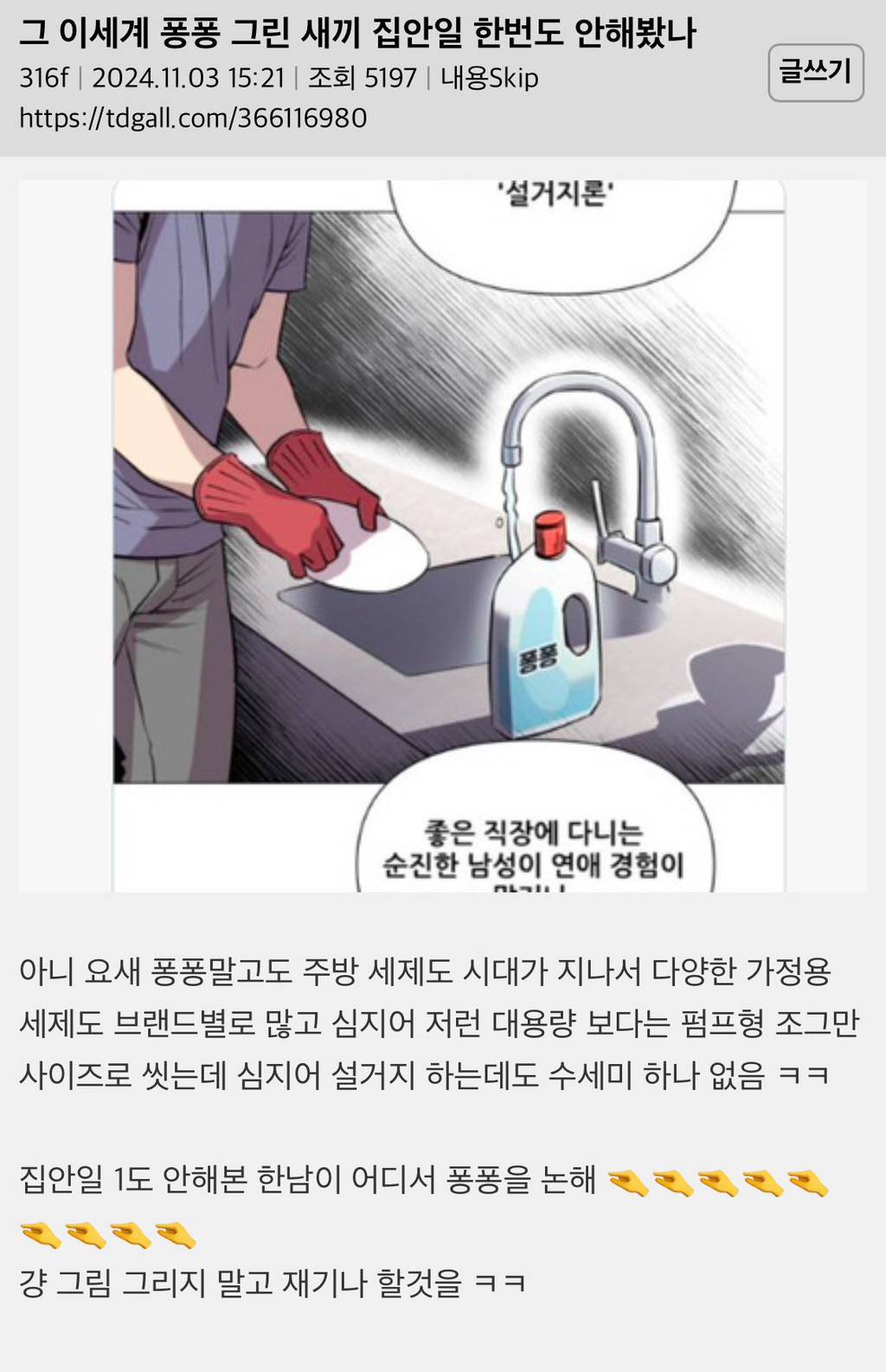 그 이세계 퐁퐁 그린 ㅅㄲ 집안일 한번도 안해봤나 | 인스티즈