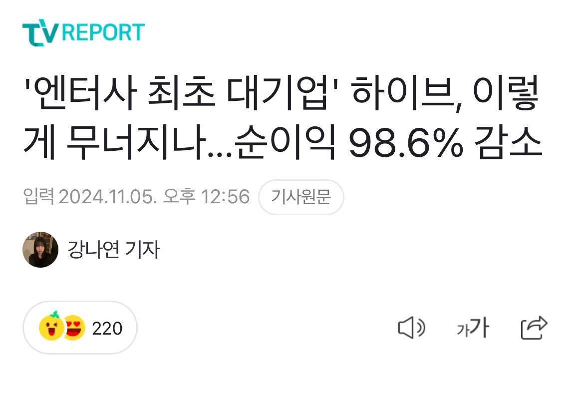 '엔터사 최초 대기업' 하이브, 이렇게 무너지나...순이익 98.6% 감소 | 인스티즈