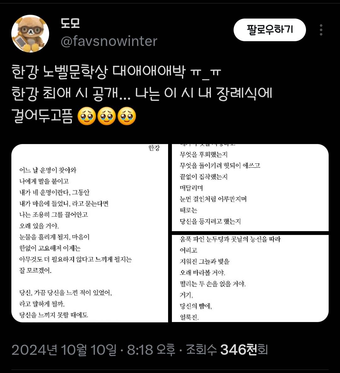 한강 노벨 문학상 대박.. 나의 한강 최애 시 공개..내 장례식에 걸어두고픔.twt | 인스티즈