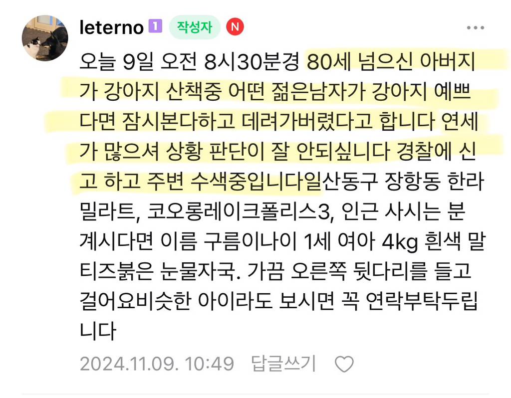 젊은 남자가 할아버지랑 산책 중인 강아지 납치함 | 인스티즈