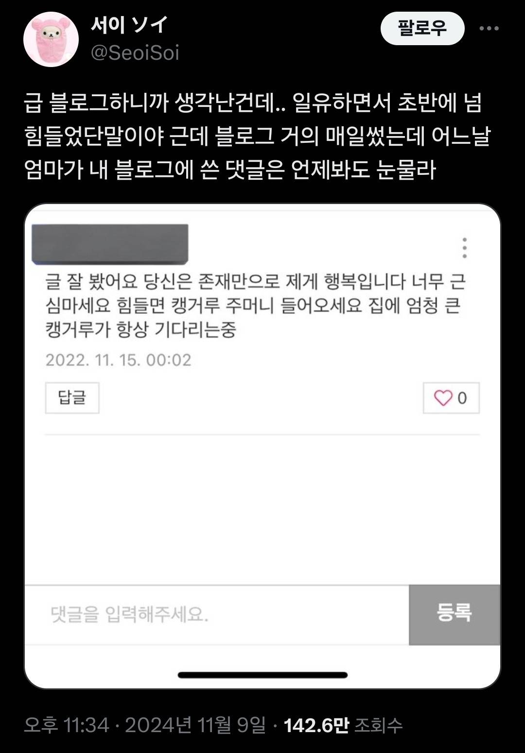 어느날 엄마가 내 블로그에 쓴 댓글은 언제봐도 눈물라.twt | 인스티즈