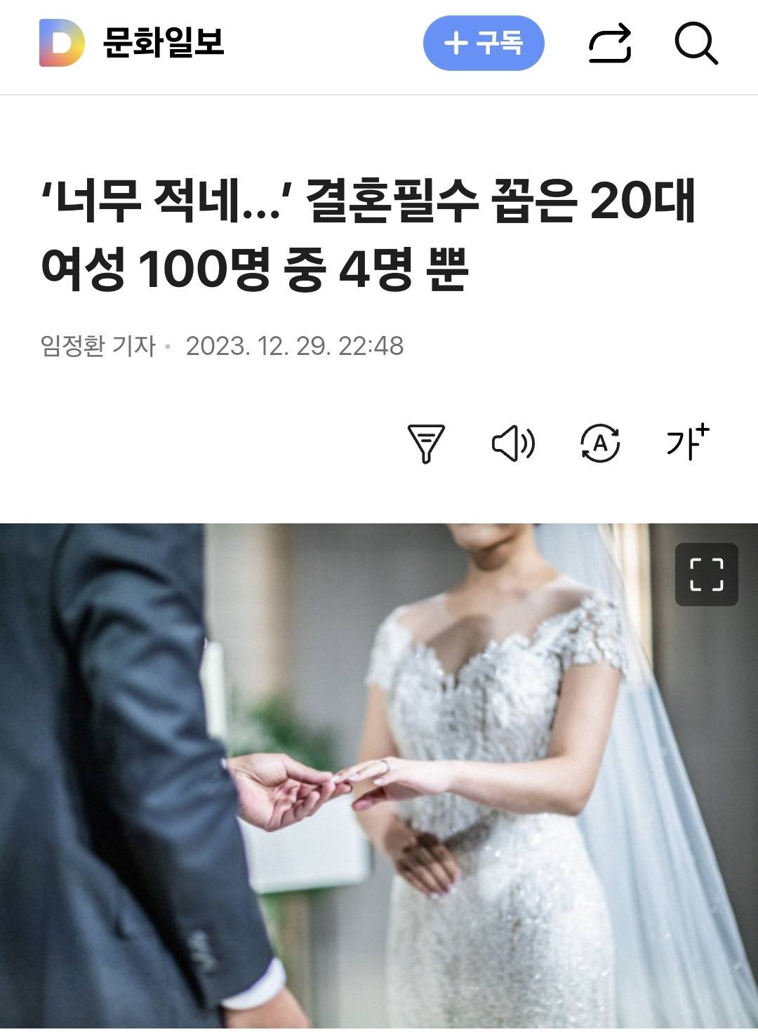 '너무 적네…' 결혼필수 꼽은 20대 여성 100명 중 4명 뿐 | 인스티즈