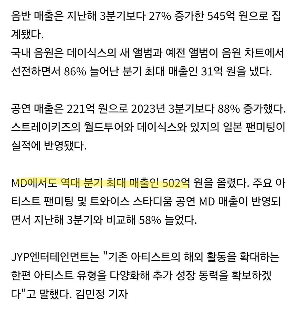 이번 2024년 3분기에 MD 판매 500억원 이상을 기록했다는 JYP... | 인스티즈