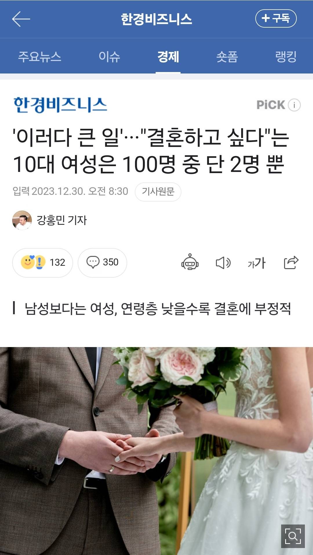 '이러다 큰 일'···"결혼하고 싶다"는 10대 여성은 100명 중 단 2명 뿐 | 인스티즈