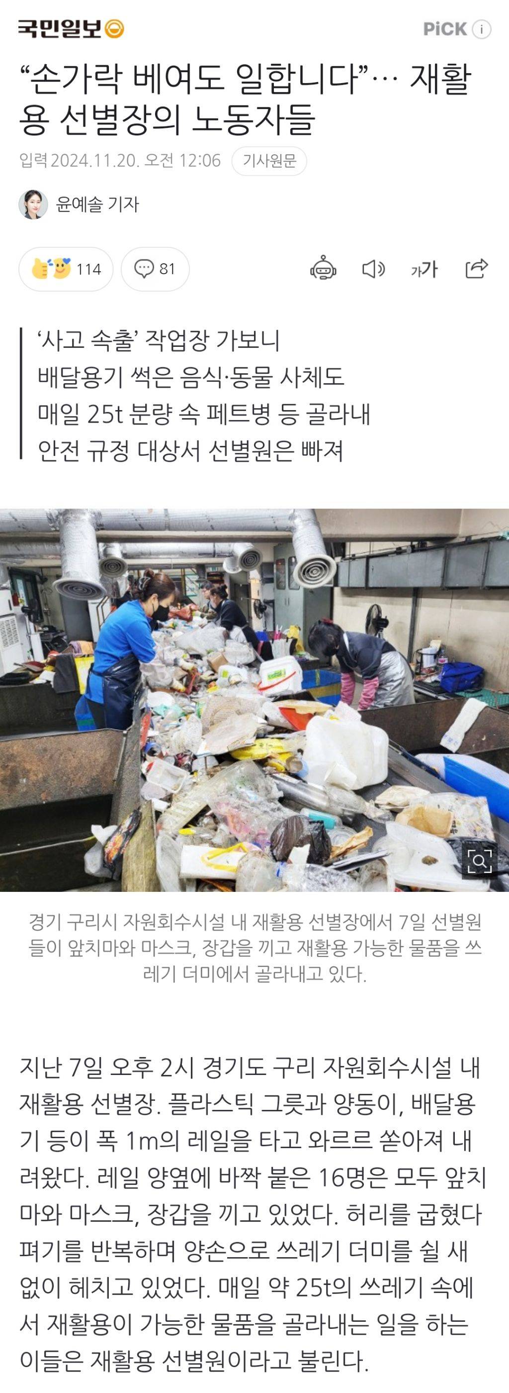 "손가락 베여도 일합니다”… 재활용 선별장의 노동자들 | 인스티즈